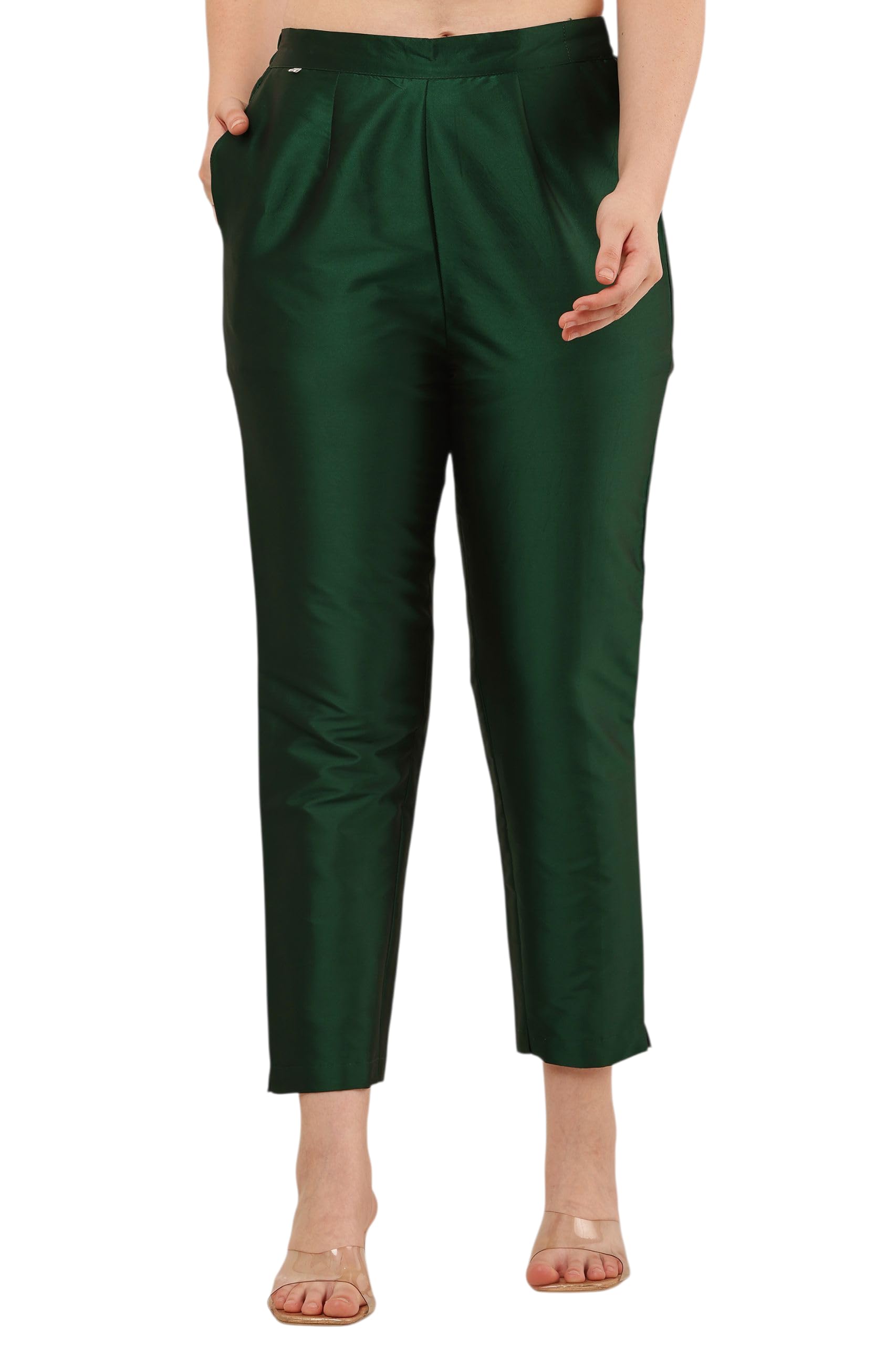 Women's Ankle Length Taffeta Silk Trouser Pants, Dark Green, Elastic Waist with Pockets-picture-40