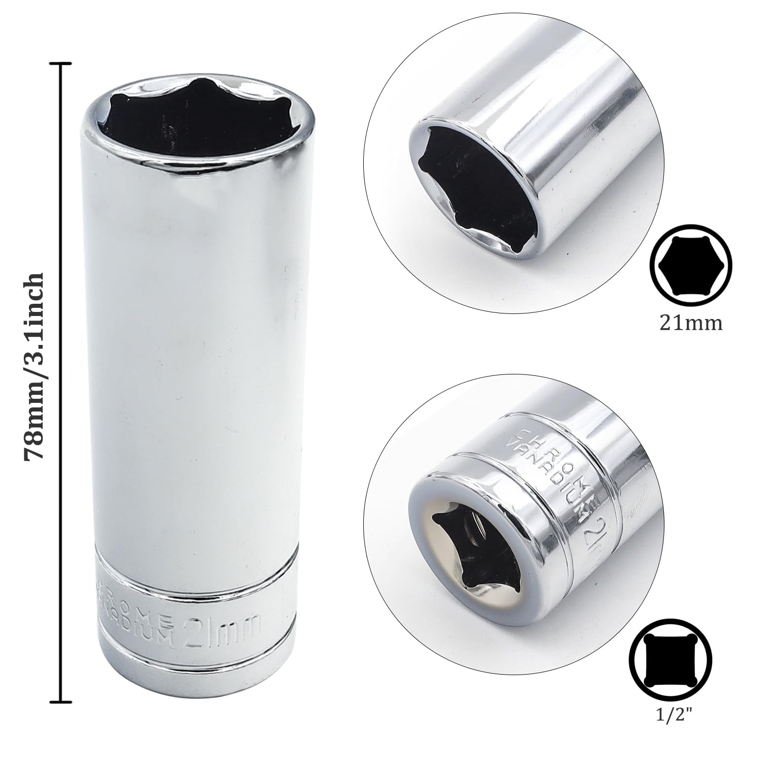 Juttzzei 21mm 6-Point Deep Socket, 1/2 Inch Drive, Chrome Vanadium Steel, Polished Finish, Secure Hexagonal Design, Anti-Rust - Image 2