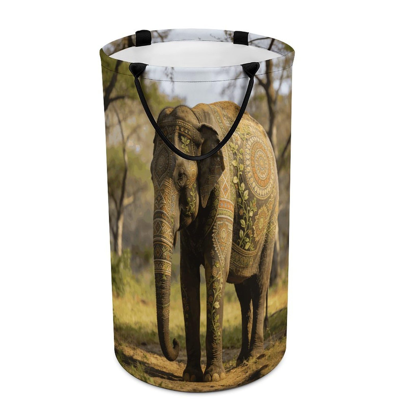 Decorative Patterned Elephant Laundry Hamper 86L Waterproof Collapsible Clothes Basket with Double Handles Freestanding Foldable Laundry Basket Large Clothes Hamper for Bathroom