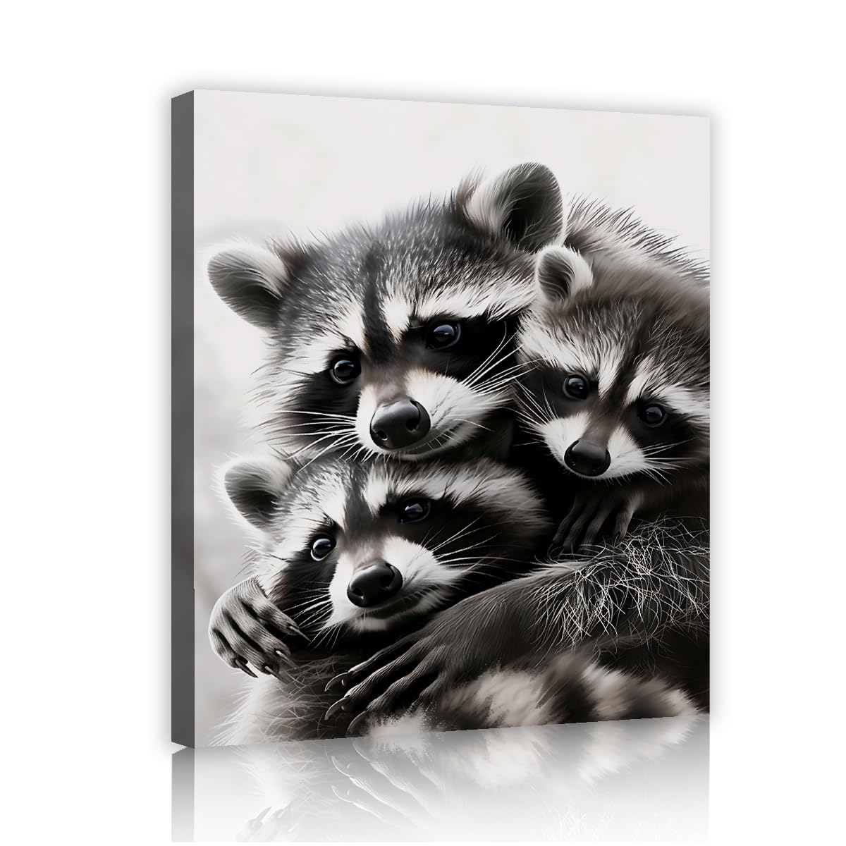 YUNART Modern Black and White Raccoon Canvas Wall Art Cute Animal Family Pictures Wildlife Artwork Scandinavian Posters Ready to Hang 50x70cm Innerframe