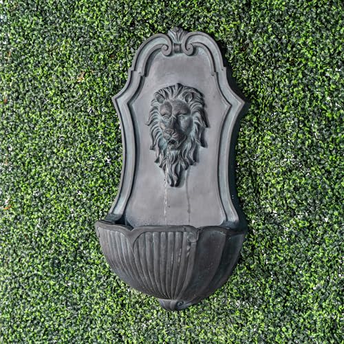 Image of XBrand 29.9 inch Solar-Powered Wall-Mounted Lion Head Fountain, Resin, Outdoor, Gray