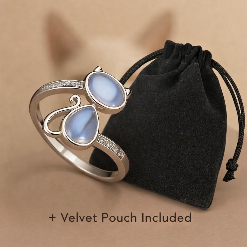 SUPAC Stainless Steel Cat Ring with Moonstone, Adjustable Band, Crystal Accents Design - Cat Lovers' Gift