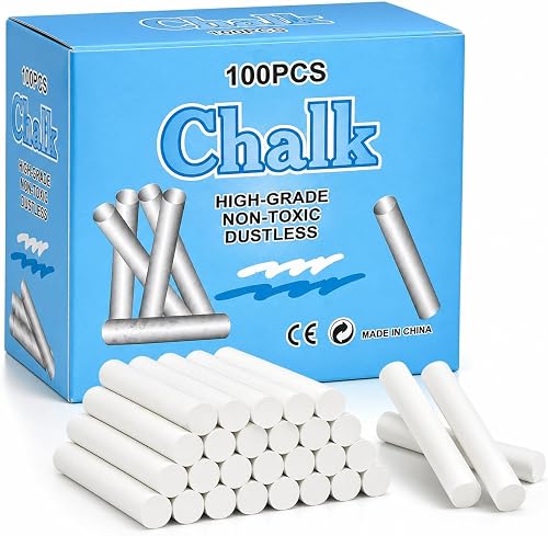 White Dustless Chalk Sticks, 100 Pack, Smooth Writing Chalk for Blackboard, Classroom, School & Office