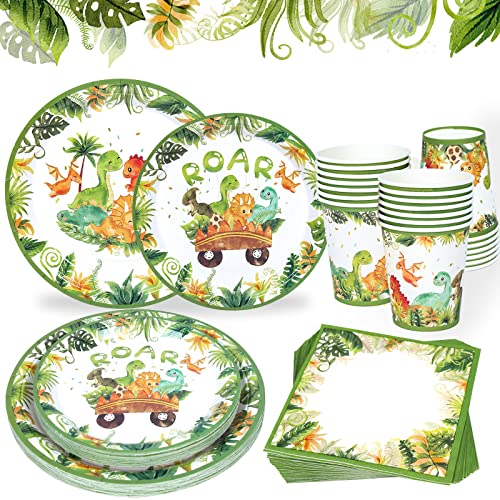 Dinosaur Birthday Party Supplies Tableware - 24 Servings Dinosaur Roar Paper Plates Napkins Dessert Plates Disposable Cups For Dinosaur Jungle Safari Woodland Themed Party Decoration For Boy Girl #TOP26