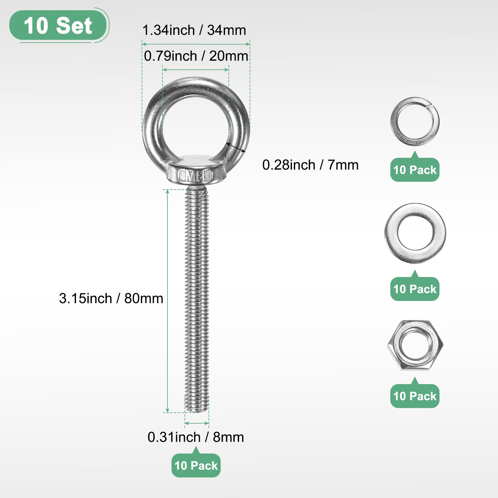 M METERXITY 10-Sets Stainless Eyebolt M8x80mm Shoulder Lifting Eye Bolt with Nuts Washers Male Screw Thread Ring Shoulder Eye Bolts Length 3.15 Inch for Suspending/Fastening - Image 3