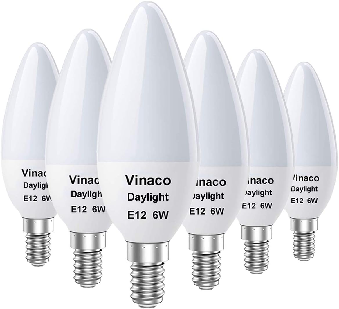 E12 LED Bulb, 6 Pack E12 Candelabra Bulb 60 Watt Daylight White 5000K, High Brightness 600LM & 25000+ Long Lifespan E12 Bulb, E12 Candelabra Base, Light Bulb for Ceiling Fan Light Bulb…