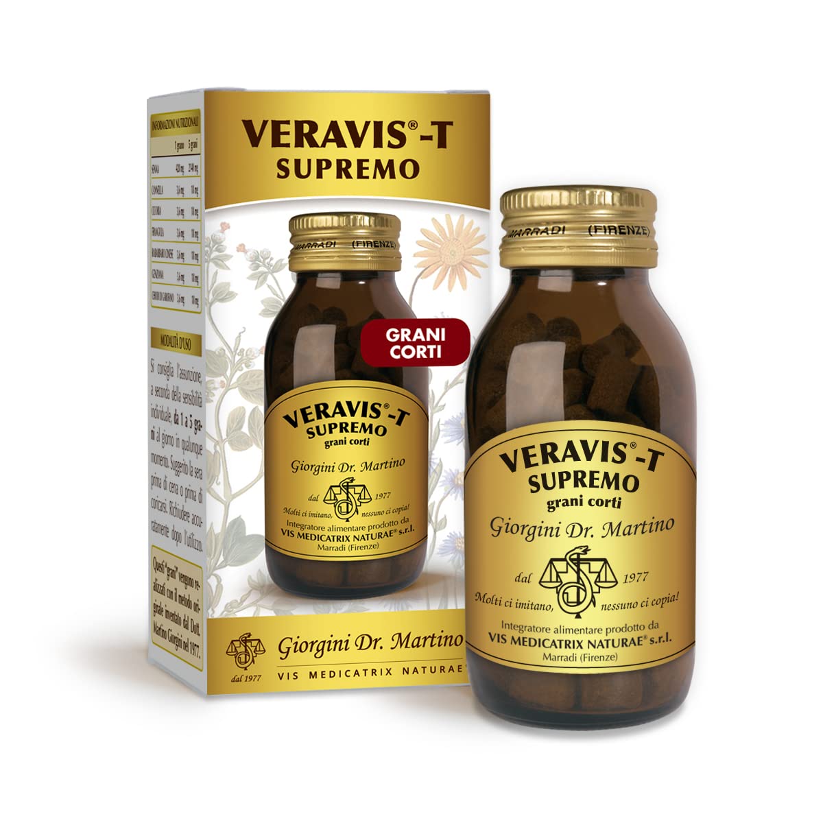 Dr Giorgini VERAVIS-T SUPREMO Kurze Körner - 90 g (Produkt auf Basis von Seine, Zichorie, Franchula und Rhabarber, die die regelmäßige Darmpassage fördern, nützlich bei Verstopfung)