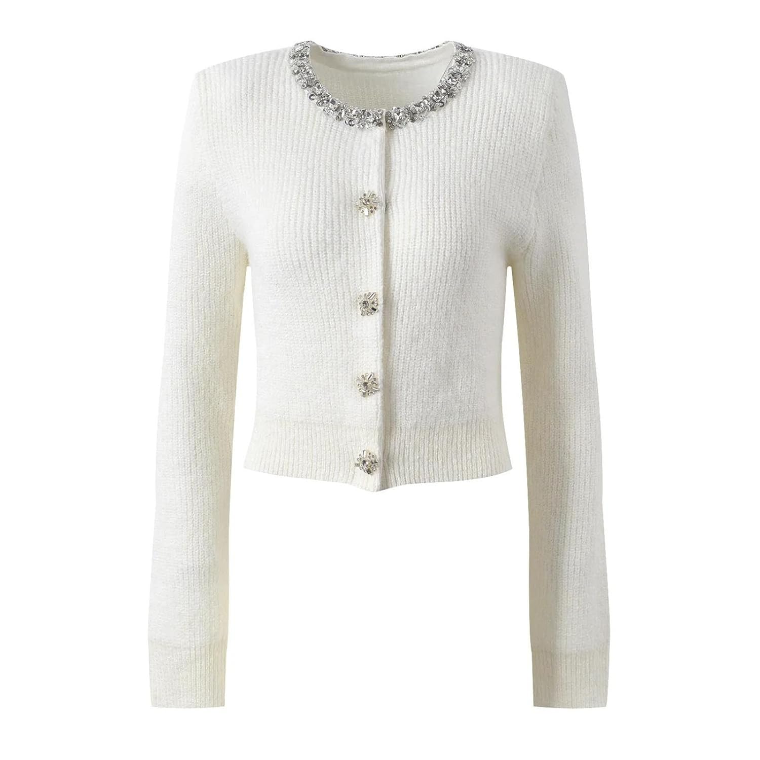 Womens Versatile Rhinestone Neckline Knitted Top Autumn Winter Fashion Long-Sleeved Loose Elegant Sweater Coat