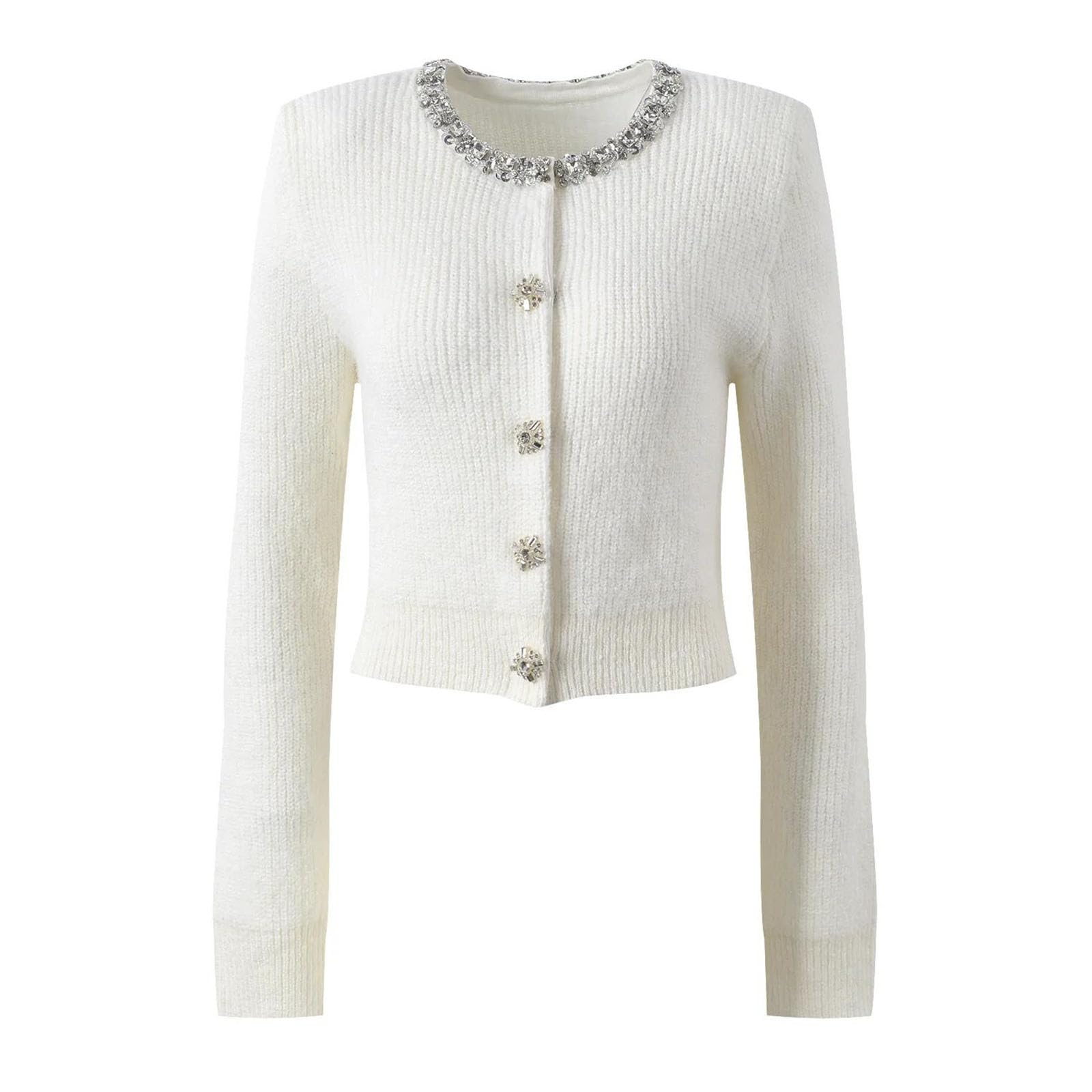 Womens Versatile Rhinestone Neckline Knitted Top Autumn Winter Fashion Long-Sleeved Loose Elegant Sweater Coat