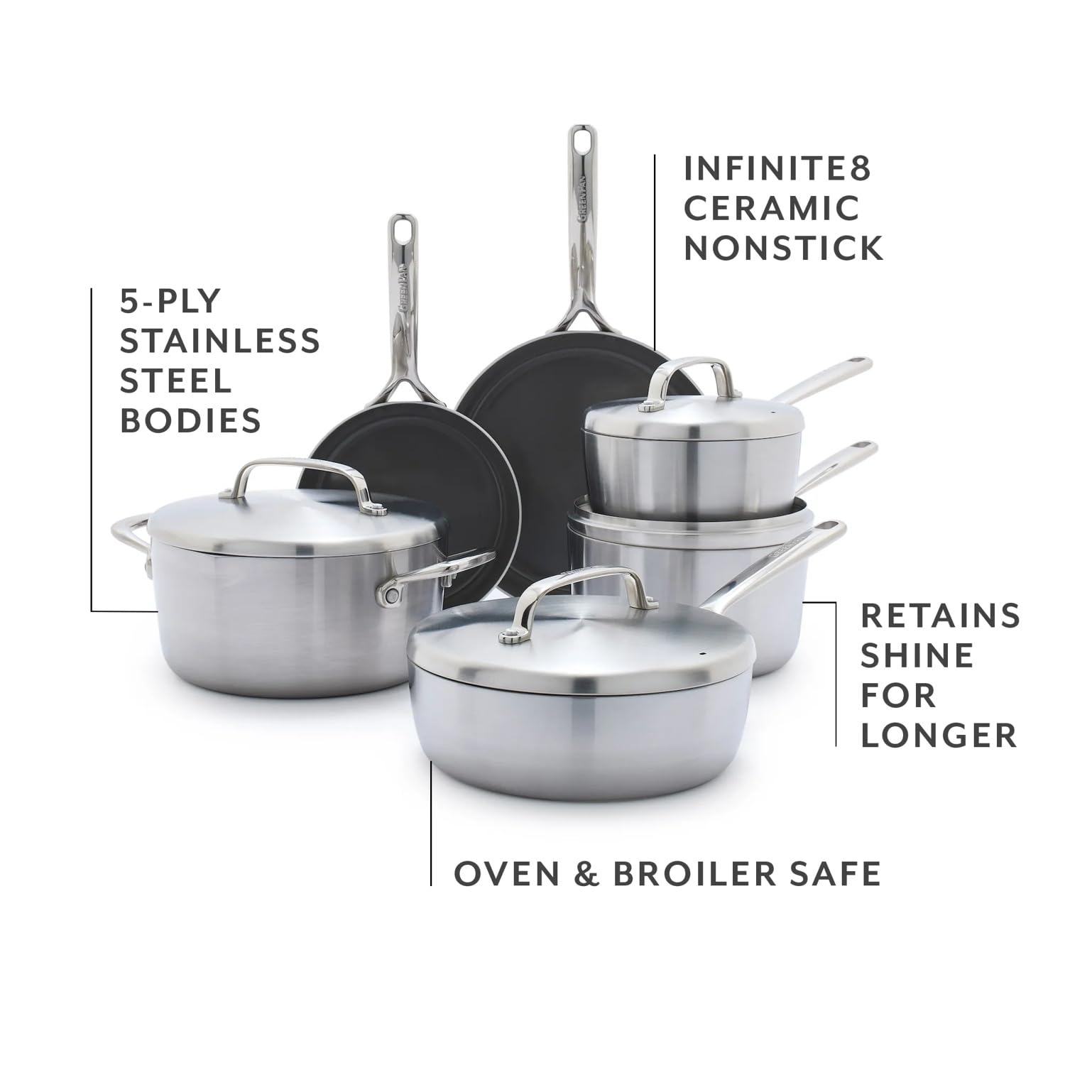 Greenpan Padella GP5 in acciaio inox a 5 strati in ceramica antiaderente da 20,3 cm, resistente ai graffi, adatta a induzione, lavastoviglie e forno, senza PFAS