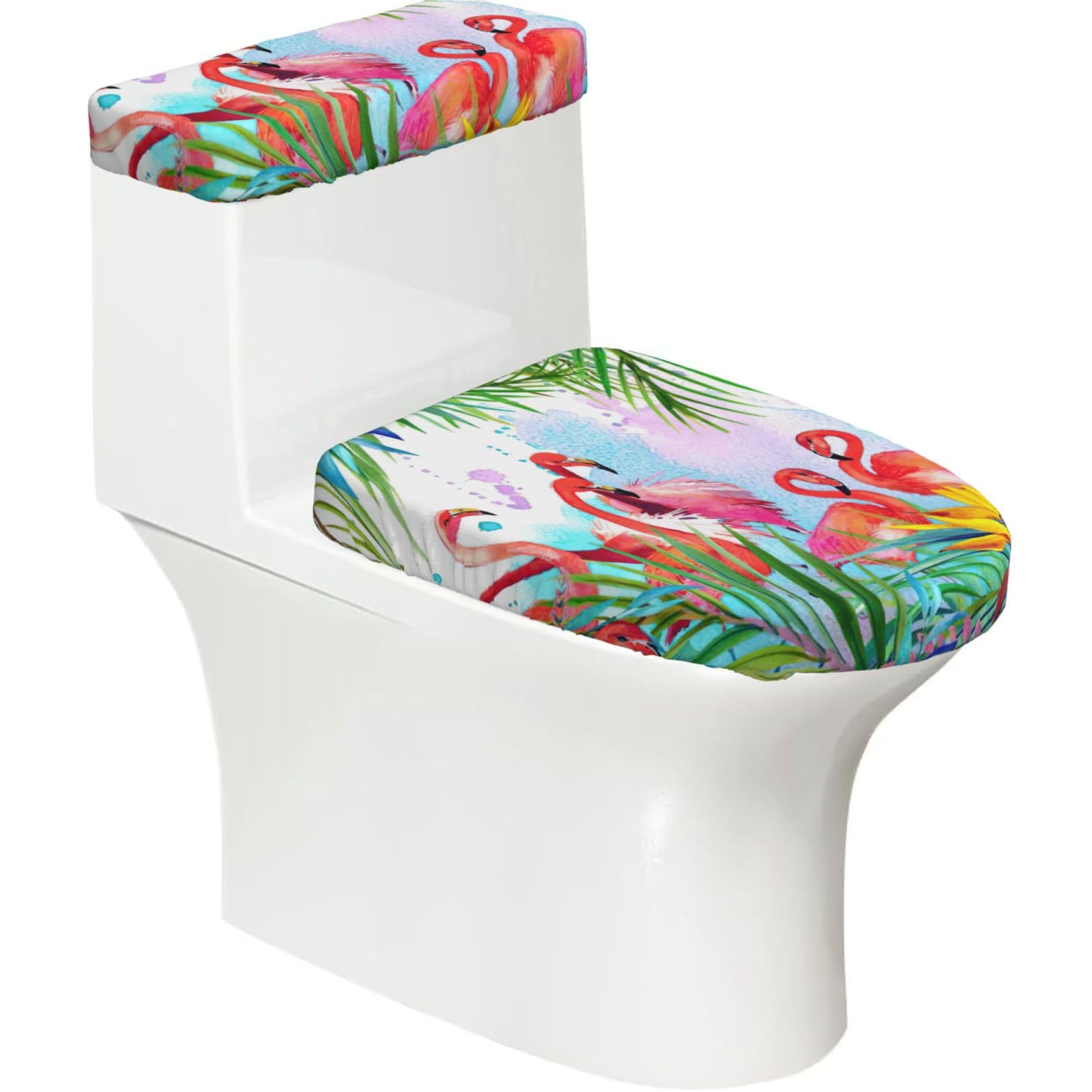 Painted Flamingo Print Bathroom Decor Toilet Lid Cover And Tank Covers, Restroom Accessories Fits Most Round