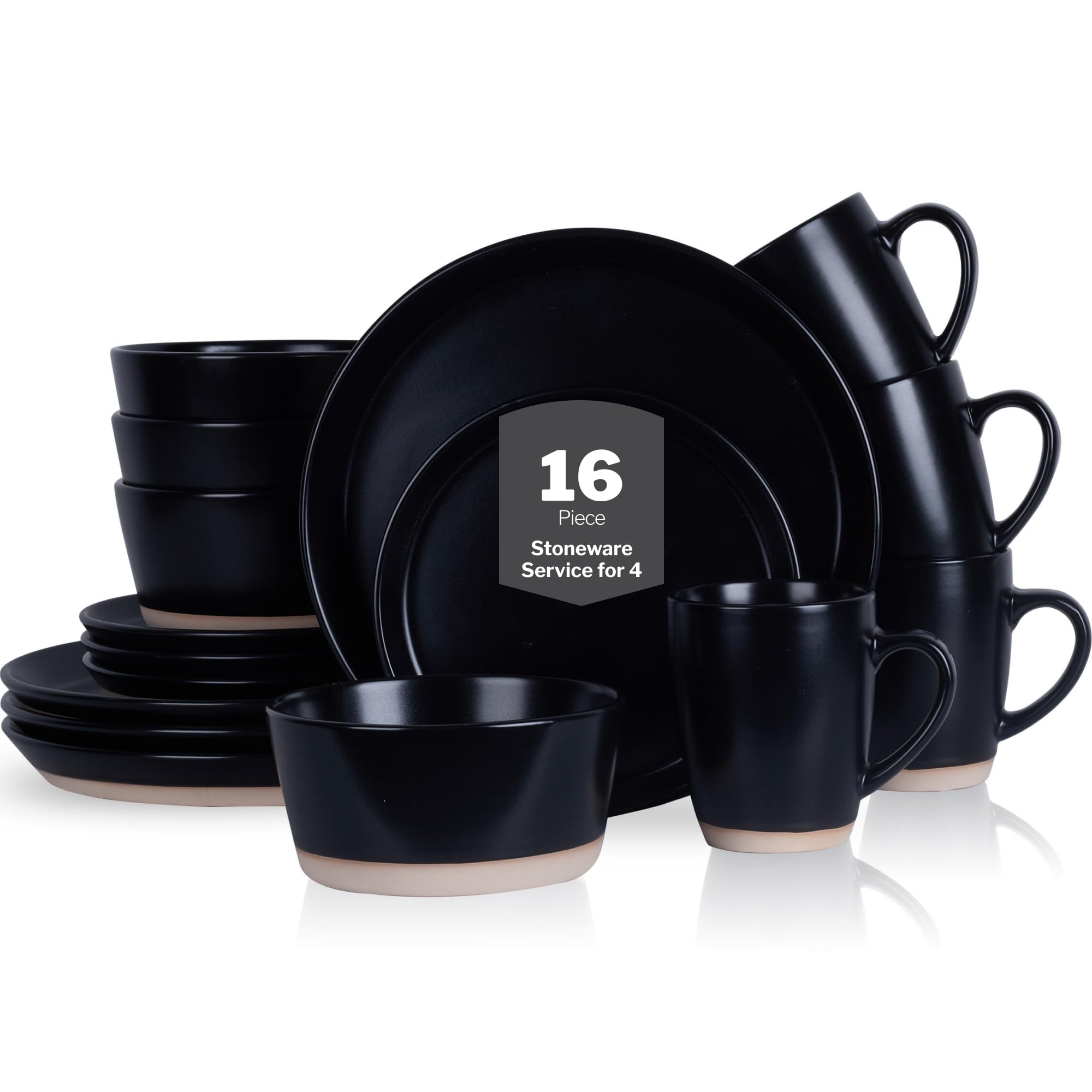 Stone Lain Jules Stoneware 16-Piece Dinnerware Set, Plates and Bowls, Service for 4, Black, Microwave &amp; Dishwasher Safe
