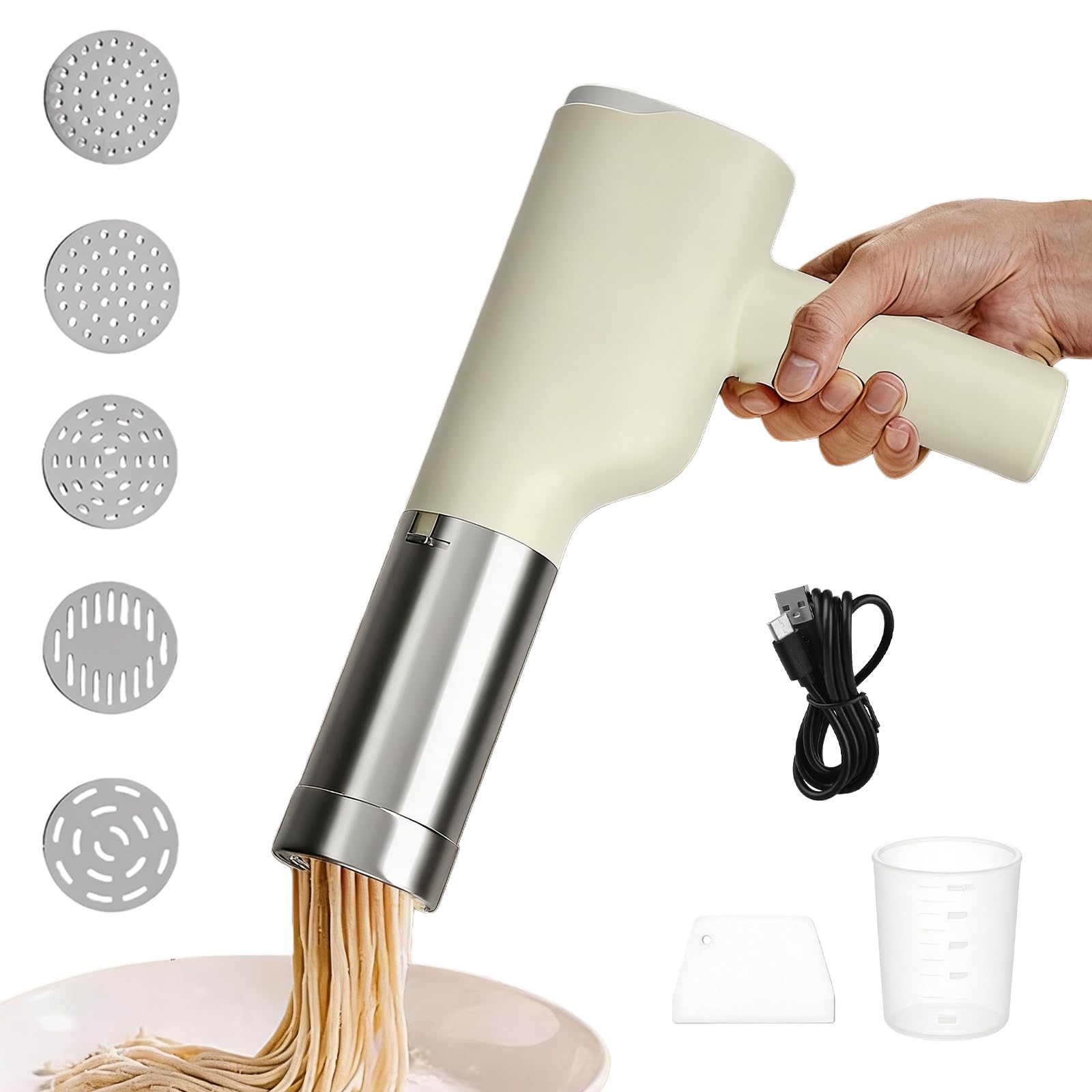 Macchina per Pasta Elettrica, Macchina per Pasta Ricaricabile, Macchinas per La Pasta Fresca Con 5 Stampi per Pasta, Torchio per Pasta in Acciaio Inossidabile per Picnic O Domestico