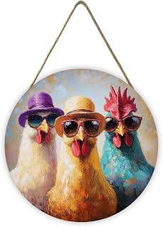 Chickens in Sunglasses & Hats Wood Hanging Circle Signs Plaque 12x12 Inch – Fun Decor Ideal For Garden Shed Wall Gift For Bird - Loving Gardeners