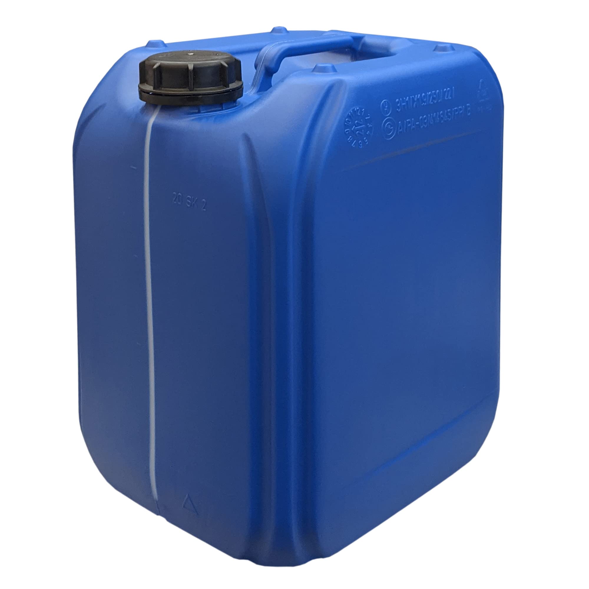 plasteo® 2 taniche per acqua da 20 litri, blu con 1 rubinetto, con strisce e scala in incrementi da 5 litri, per alimenti, senza BPA, approvazione di pericolo, impilabili, stoccaggio di emergenza