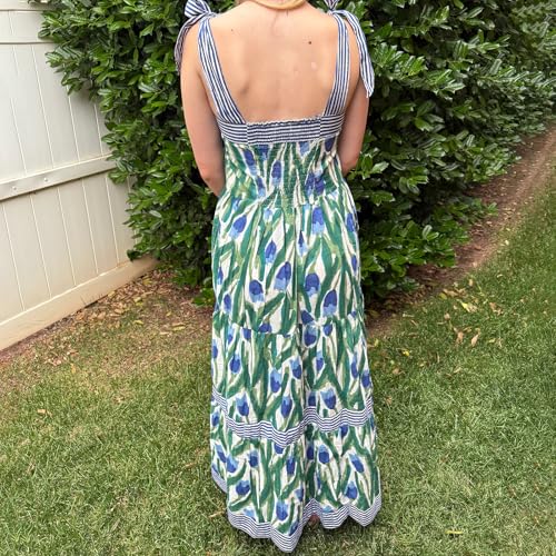 Image of Women Y2k Boho Maxi Dress Tie Shoulder Backless Strappy Tiered Flowy Dress 2024 Summer Floral Beach Sundress