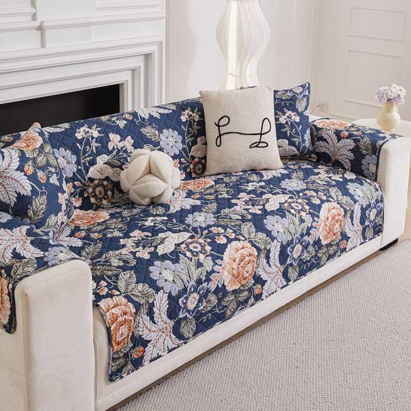 Image of HOMETHREADS Premium Style Anti Slip Sofa Cover Set | Cotton Sofa Slipcover | 1Pc Front Cover with Attached Armrest + 1Pc Back Cover (Rose Blue, 1 Seater | 63x185cm)