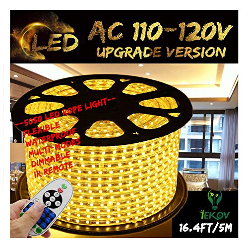 Warm White Color Led Strip Light, Iekov™ Ac 110-120V Flexible/Waterproof/Multi-Modes Function/Dimmable Smd5050 Led Rope Light With Remote For Home/Office/Building Decoration (16.4Ft/5M) #TOP21