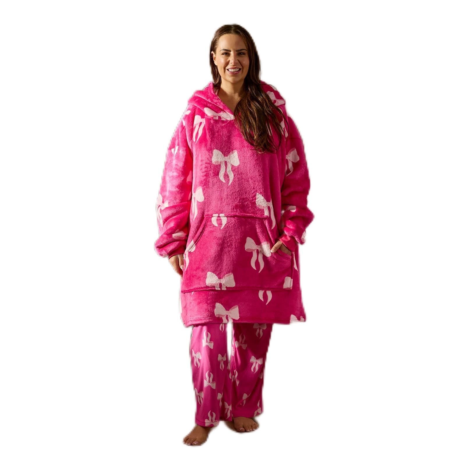 OHS Blanket Hoodie Bow Print, Mothers Day Gifts Super Soft Sherpa Fleece Warm Wearable Blanket Comfy Cosy Oversized Hoodie Women Sweatshirt Big Pocket for Adults Women Girls, Hot Pink