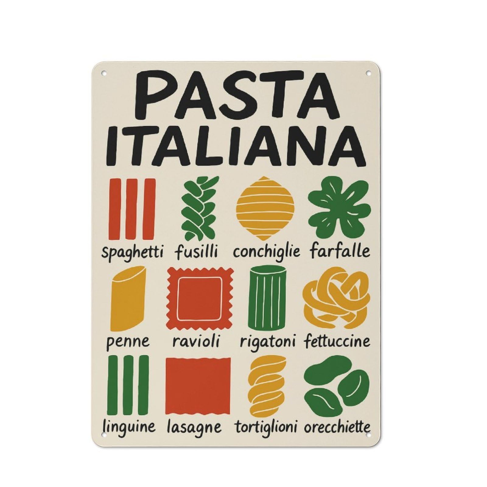 Junmoney Style-17 Retro Pasta Italiana Types Illustration Vintage Metal Sign 40X30cm, Room Wall Plaque For Flat, Dorm Room, Lounge Or Cafe