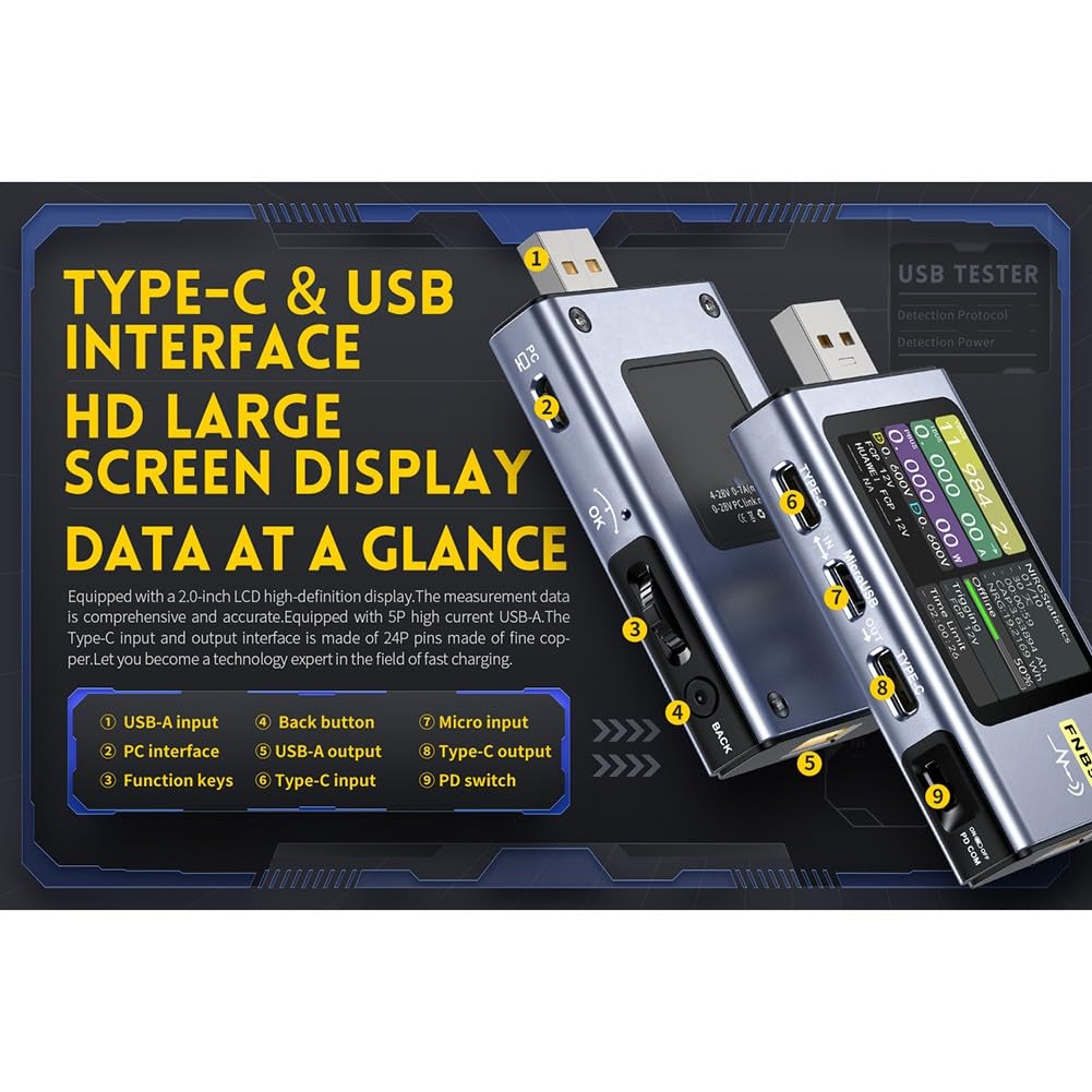 Probador USB, voltímetro, amperímetro, pantalla LCD de 20 pulgadas para detección de carga rápida, medidor de capacidad de disparador, 4-28 V, 0-7 A, analizador de energía para teléfono y