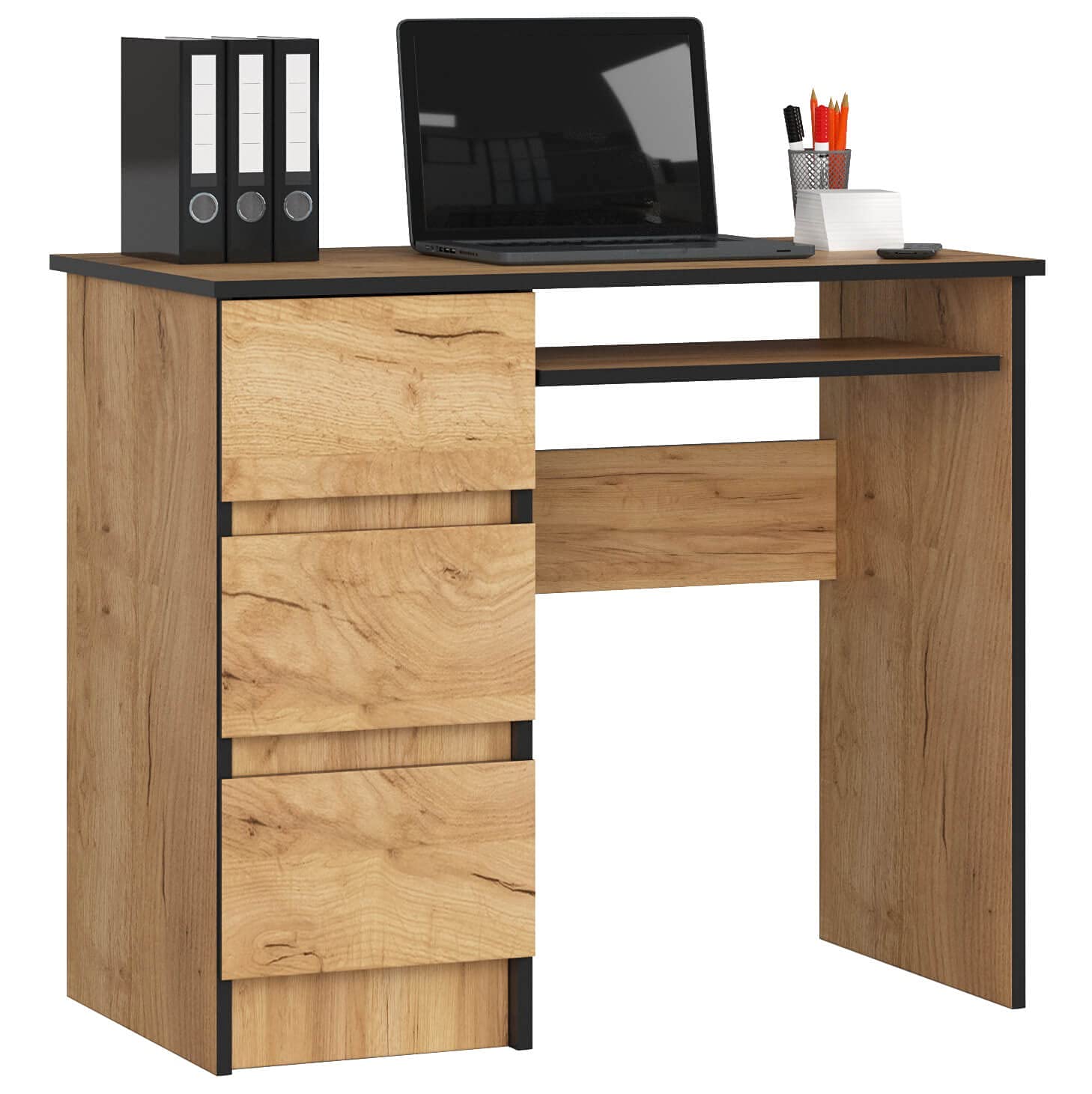 AKORD Escritorio A-6 Con Estante para Teclado y 3 Cajones | Oficina y Ahorro de Espacio | 90x77x50cm 30 kg | Roble Artisan