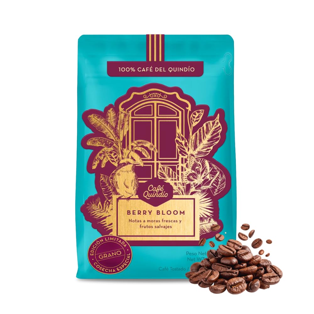 Café Quindío Cafe De Especialidad En Grano - 100% Arábica Colombia | Origen único, SCA 87, tueste medio, ideal para cafetera goteo, prensa francesa, Chemex o V60 (250 g, Berry Bloom)