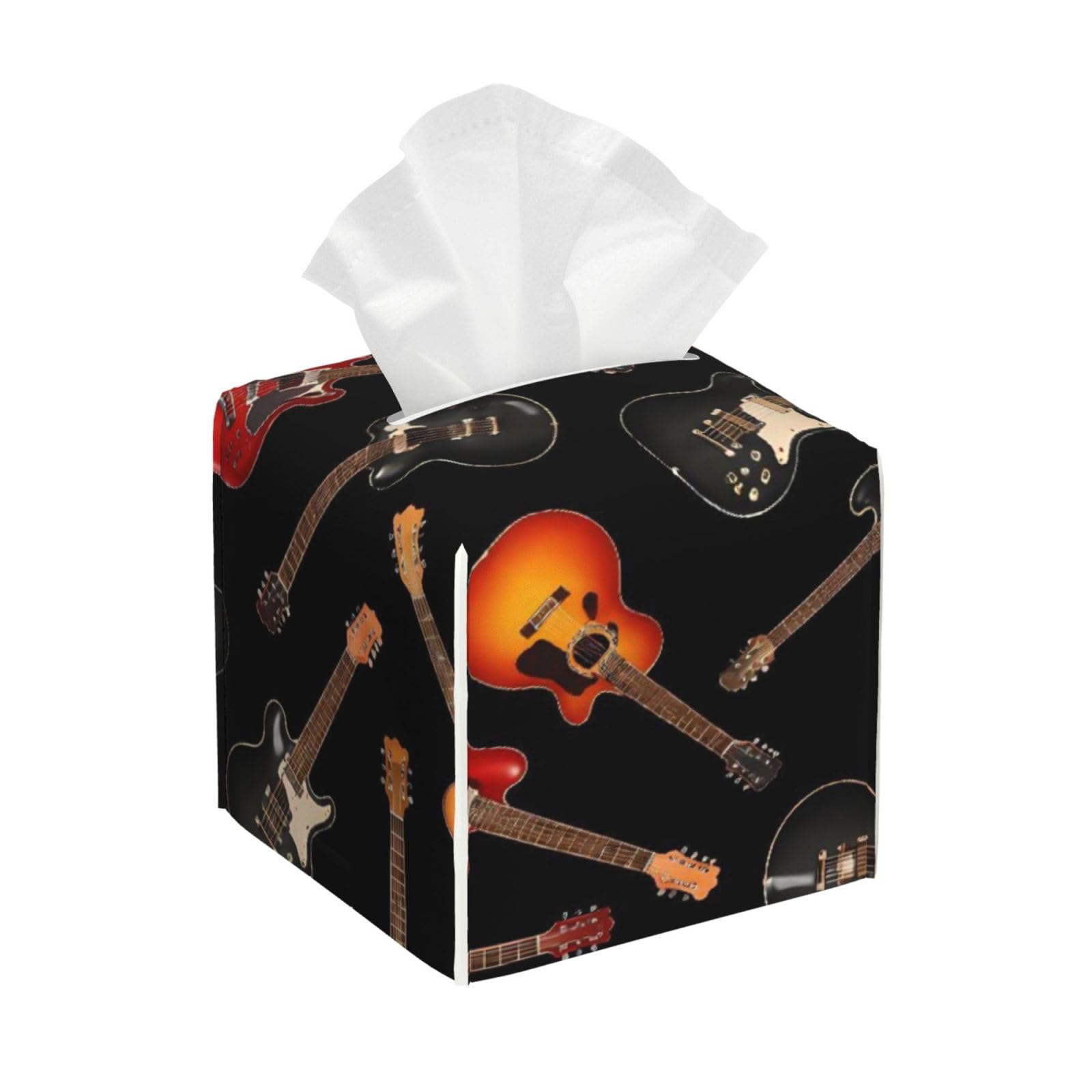 Guitars Leather Tissue Box Cover Holder Square Facial Paper Organizer 5.2" X 5.2" X 5.2"