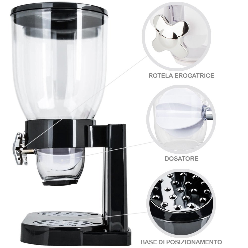 BAKAJI Dispenser Storage Dosatore Distributore Erogatore Cereali Pasta Caramelle Dolci Frutta Secca con Rotella Doppio Contenitore da 8 lt e Dosatore Interno (Nero)