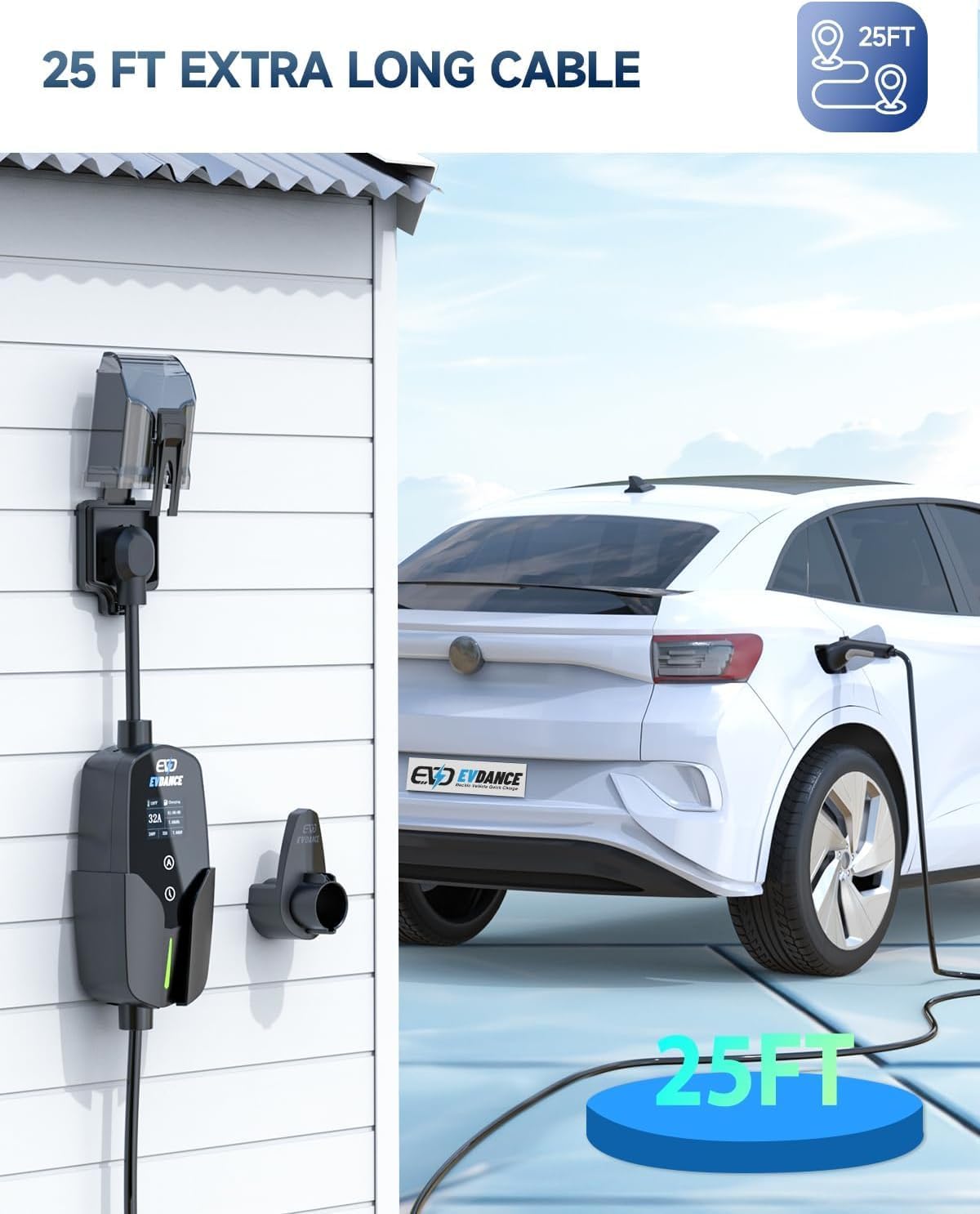 EVDANCE Level 2 EV Charger with APP Control, 32A 7.68KW Electric Vichile Charging Station with 25FT Cable, Delay Time & Adjustable Current, Fast EV Charger Compatiable with All J1772 EVs.