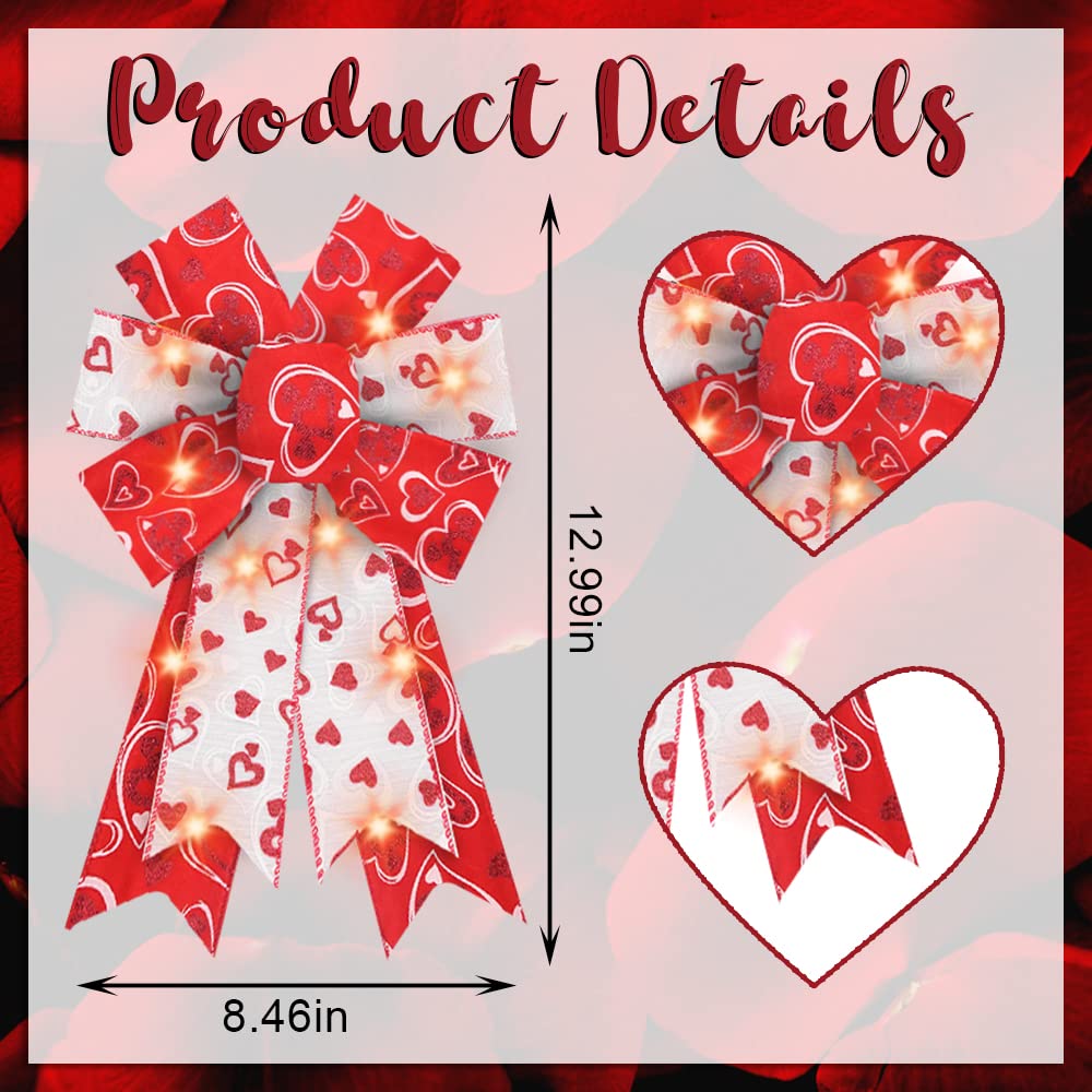 Estivaux 2 PCS Valentine's Day LED Bows for Wreath, Valentines Wreath Bows Red White Burlap Bows with LED Light Heart Gift Bows for Front Door Valentines Party Wedding Anniversary Decorations Suppies