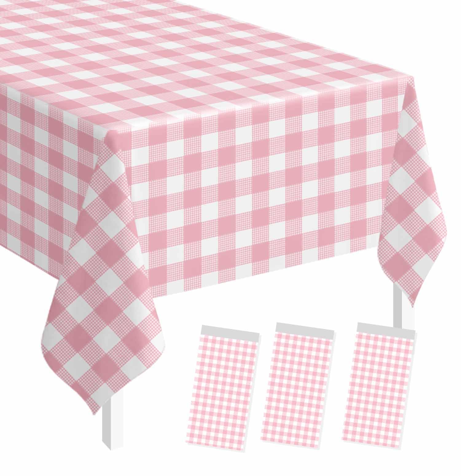 SietDESEO 3 Pack Light Pink Gingham Tablecloth Rectangle 54 x 108 Pink and White Checkered Table Cloth Disposable Plaid Table Cover Plastic for Birthday Baby Shower Picnic Wedding Party Supplies