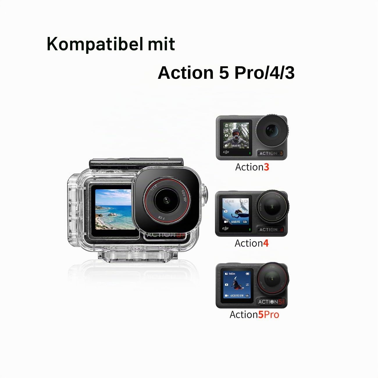 Tauchgehäuse für DJI Action 5 Pro/4/3, Wasserdicht bis 60m mit Magnet-Schnellverschluss, Stabil aus ABS+PC & Hochtransparentem Optikglas | Magnetische Schnellentriegelung, 40 Meter unter Wasser, beschlagfrei, IP68 Wasserbeständigkeit
