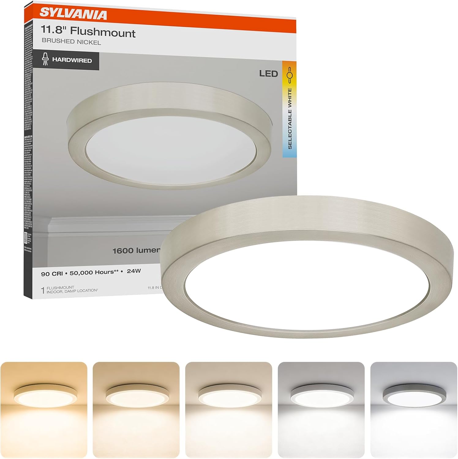 Sylvania 12 Inch LED Flush Mount Ceiling Light Fixture, 24W, 5 Color Select (2700K - 5000K), 1600 LMS, Hardwired, Brushed Nickel, Led Lights for Bedroom Kitchen Hallway Porch - 1 Pack (66463) Brushed Nickel 5CCT (2700K - 5000K)