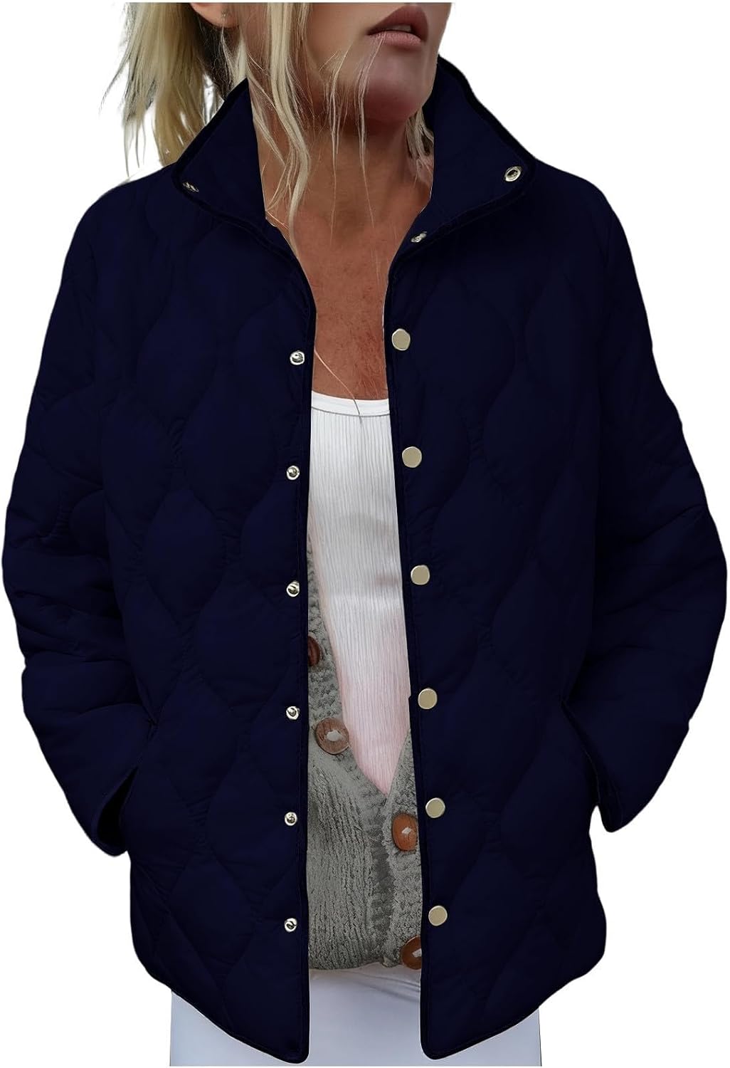 Quilted Jacket for Women Lightweight Button Down Puffer Coat Winter Warm Lapel Long Sleeve Puffy Jackets with Pocket