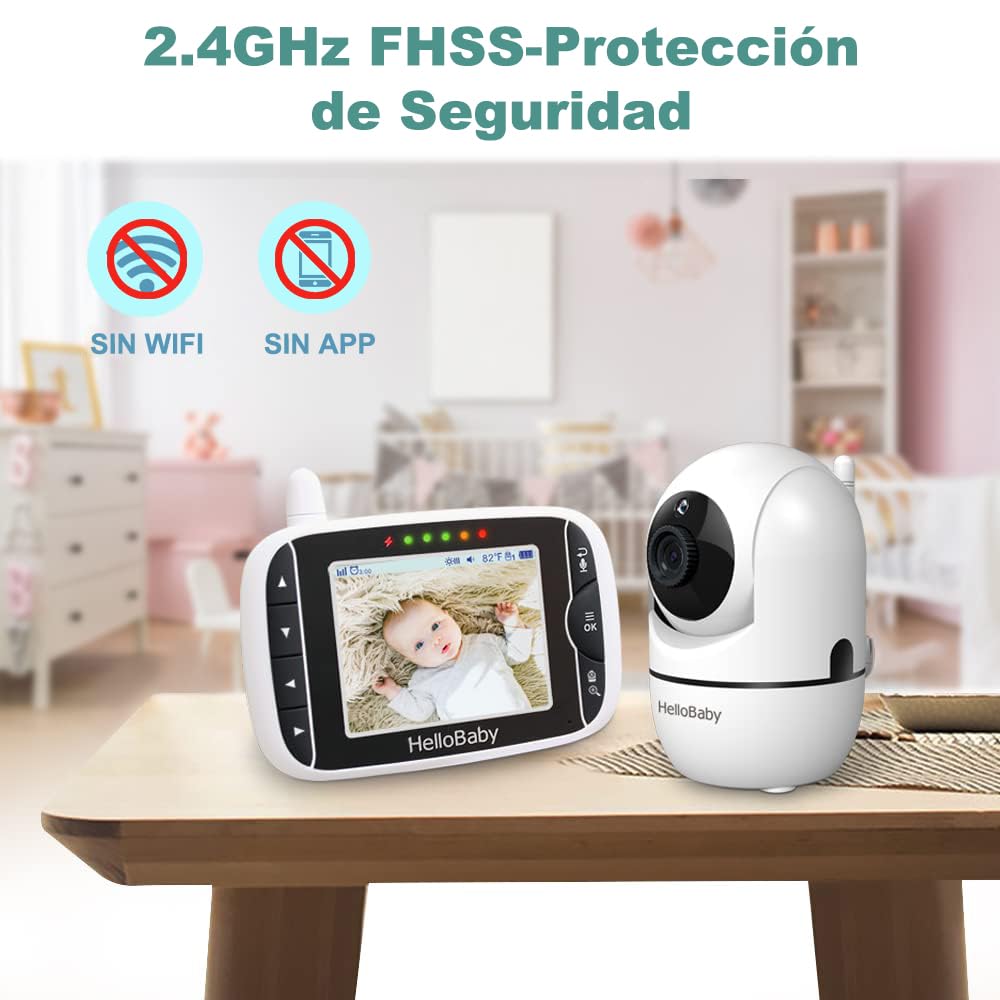 HelloBaby Camara Bebe,Cámara vigilabebés,Vigilabebés con Cámara Pantalla LCD de 3.2",355 º / 120 º Giratorio,Zoom 2X,Visíon Nocturna,Intercomunicador Bidireccional,Sensor de Temperatura