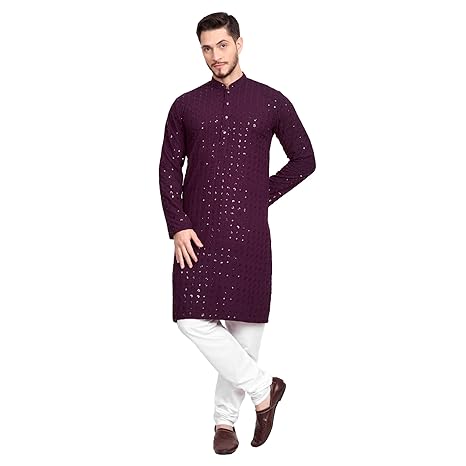 Excent Rayon Stylish Ethnic Wear Full Chikankari Sequin Embroidery Mirror Work Traditional Straight Kurta Pyjama Set for Men, 38 Size, Wine