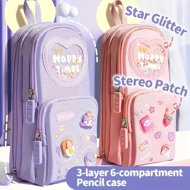 Image of Invite Enterprise Three Layer School Bag-Shaped Pencil Pouch, Large-Capacity Pencil Pouch with Zipper, Multipurpose Pen & Pencil Case for School Supplies for Boys & Girls (Purple - Happy Time Pouch)