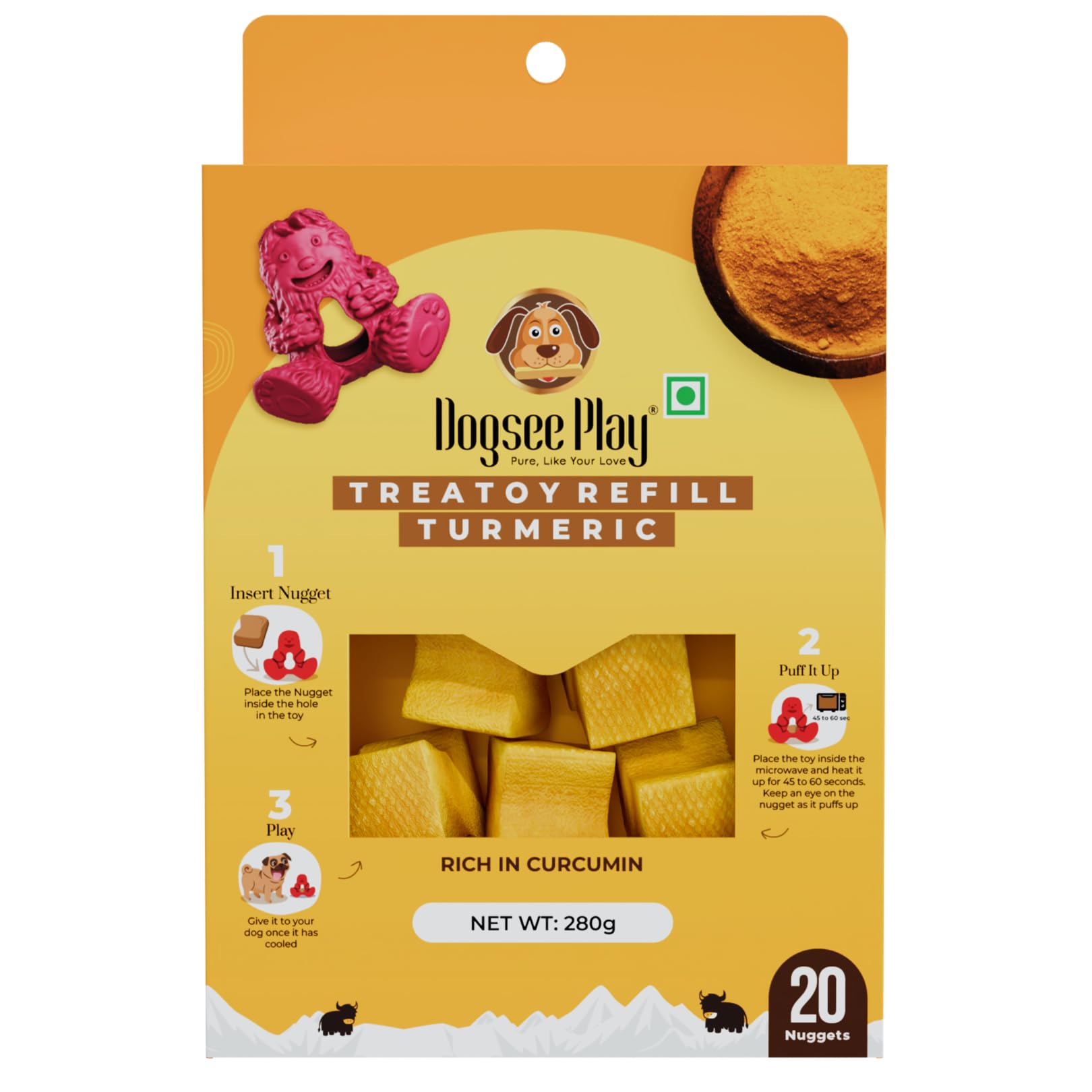 Dogsee Treatoy Yeti Toy Turmeric Refill Pack 280g | Himalayan Yak Cheese Chew Nuggets | Great for Oral Hygiene | No Odor, No Mess