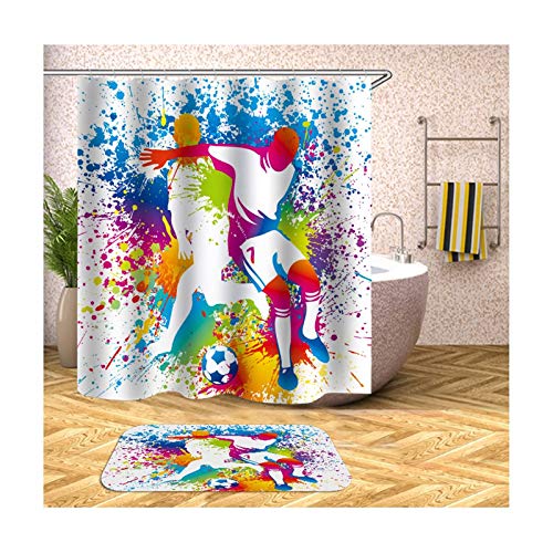 Polyester Duschvorhang & Badezimmerteppich Set Fußball Jugend Bad Vorhang Badvorleger 165x200CM mit 12 Duschvorhangringen