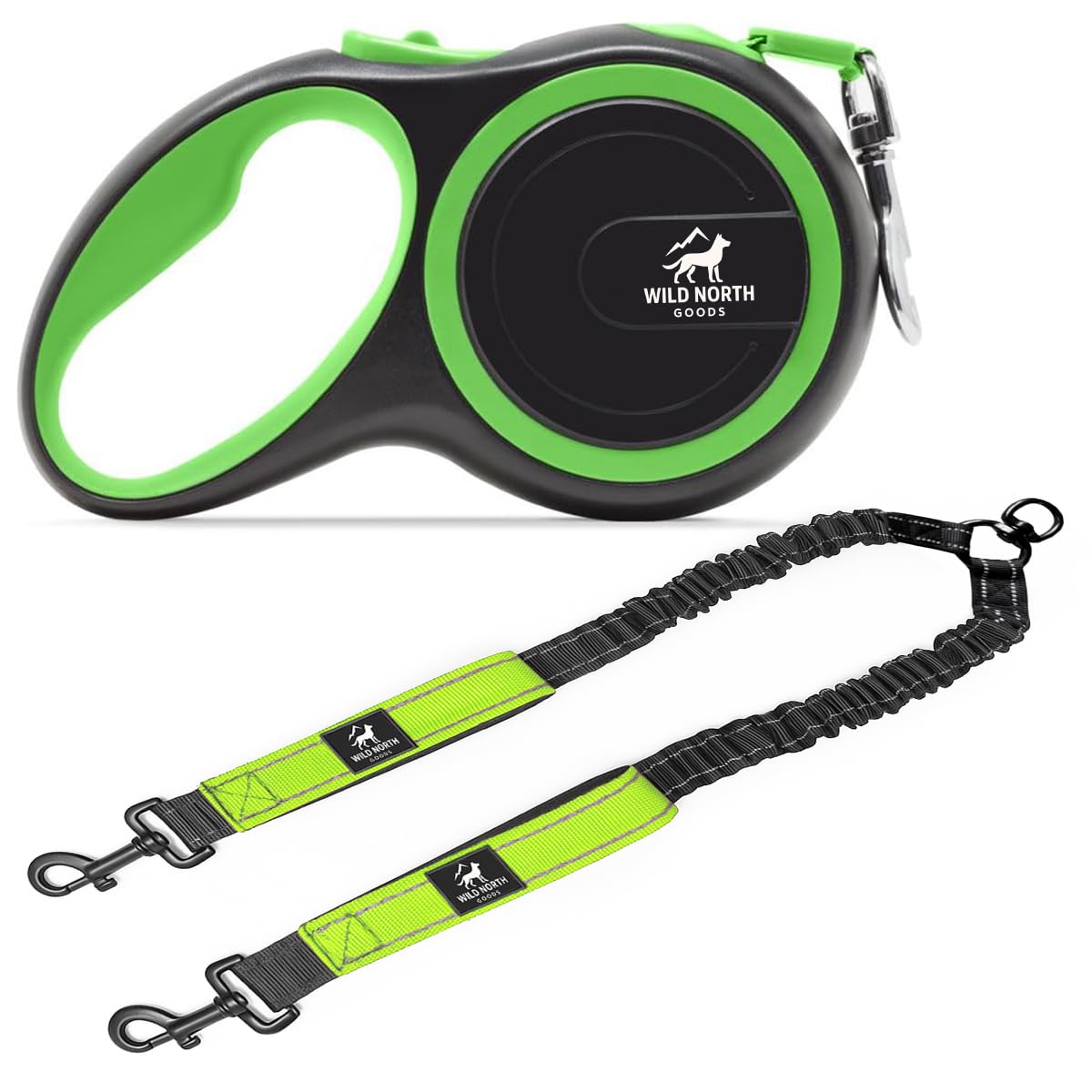 Wild North Goods Dual Dog Lead Set, 5m Retractable Extendable Lead with 50kg Strength + Detachable Double Dog Splitter Leash