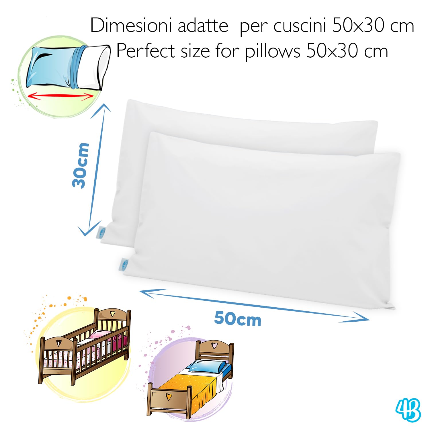 Federe Cuscino 50x30 Bambino Set 2 100% Puro Cotone Made in Italy Chiusura a Busta OEKO-TEX Bianco