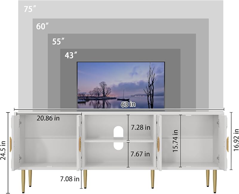 HLR 63'' Modern TV Stand for 65/70/75 inch TV, Media Console,White image 2