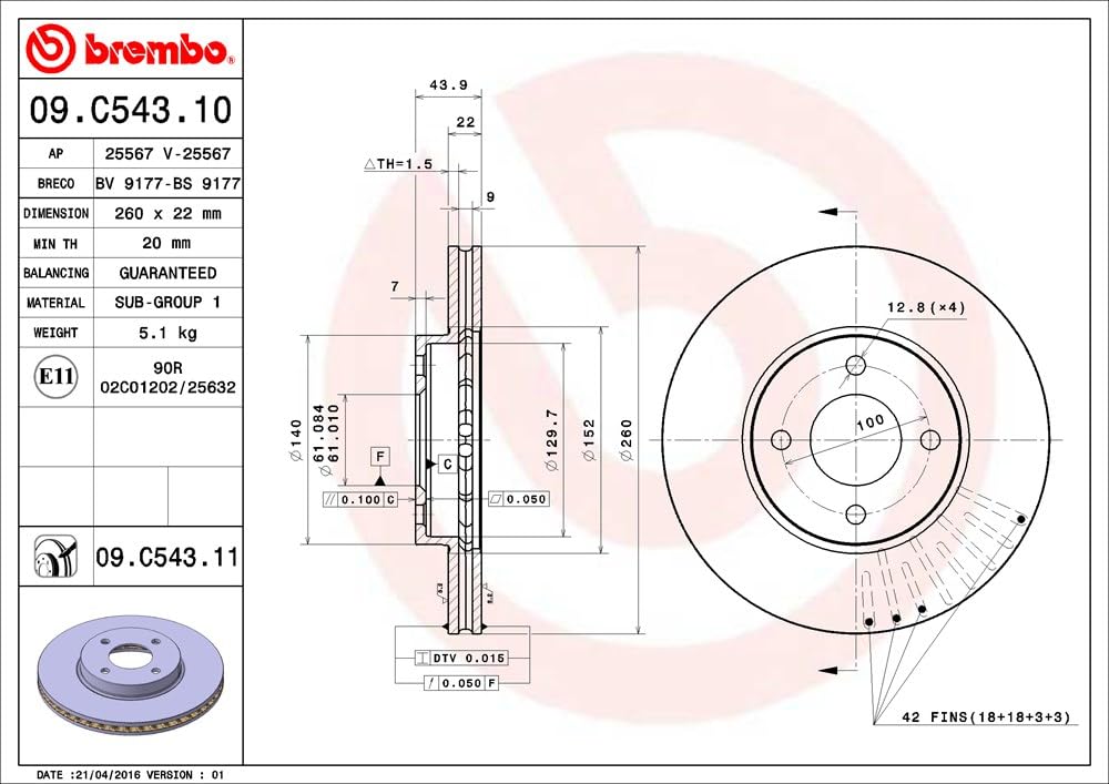 Brembo 09.C543.11 - Disco Freno con Verniciatura UV (Set di 2) - Anteriore