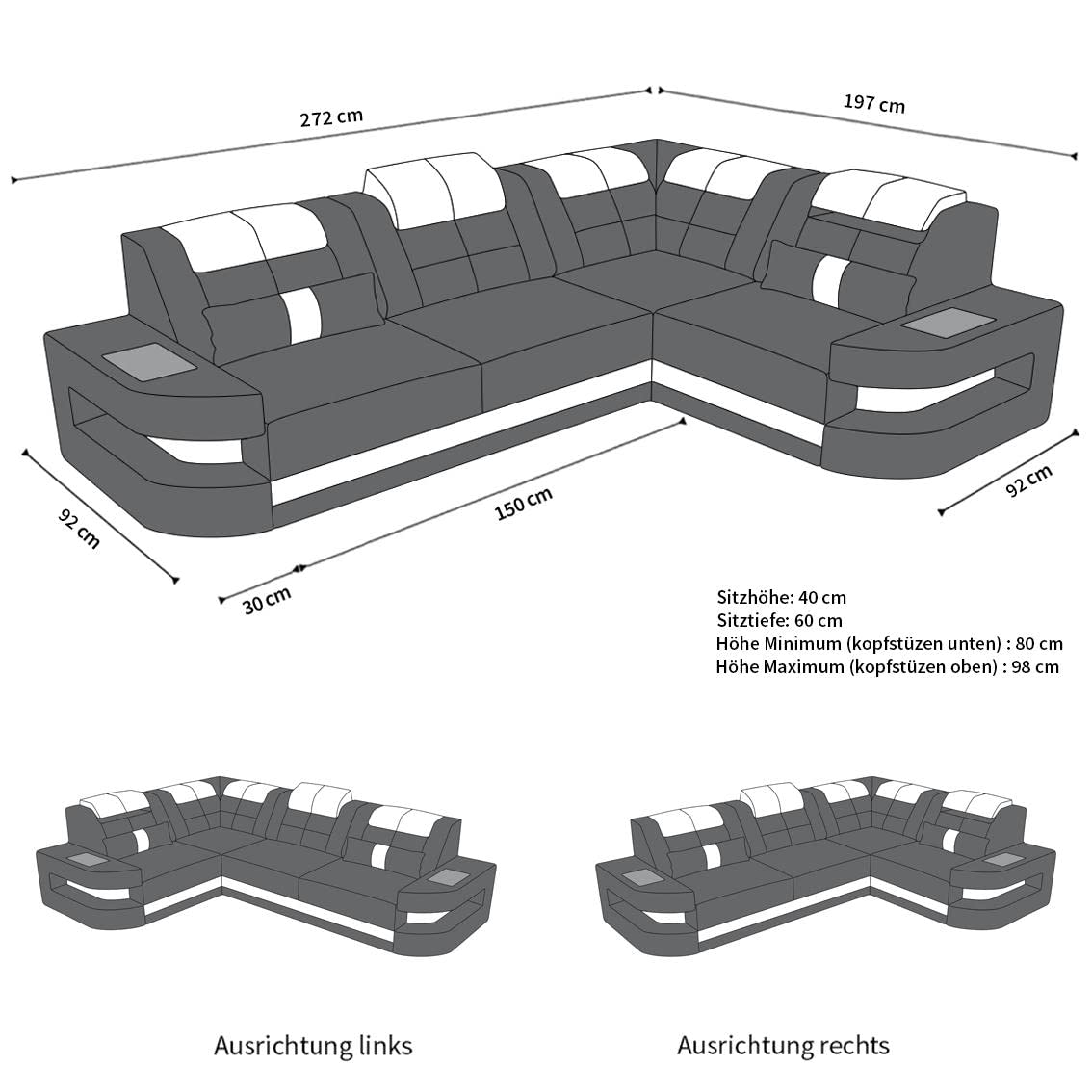Sofa Dreams Ecksofa Como L Form Ledersofa - mit LED Beleuchtung, verstellbare Kopfstützen, Lederfarben wählbar/Ausrichtung wählbar (Ecke Links, Weiß-Schwarz)