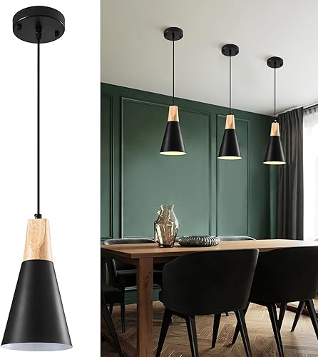 Miniatura 2 de Lámpara colgante negra de granja, paquete de 3 luces colgantes para isla de cocina, luz colgante de cocina de madera, luz de isla, lámpara colgante