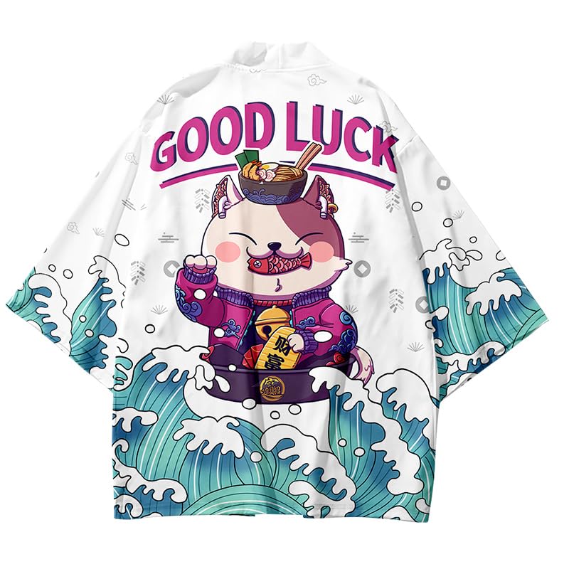 Image of LAI MENG FIVE CATS Women's Lucky Cat Cardigan Kimono Loose Cover up Casual Blouse Cute Tops