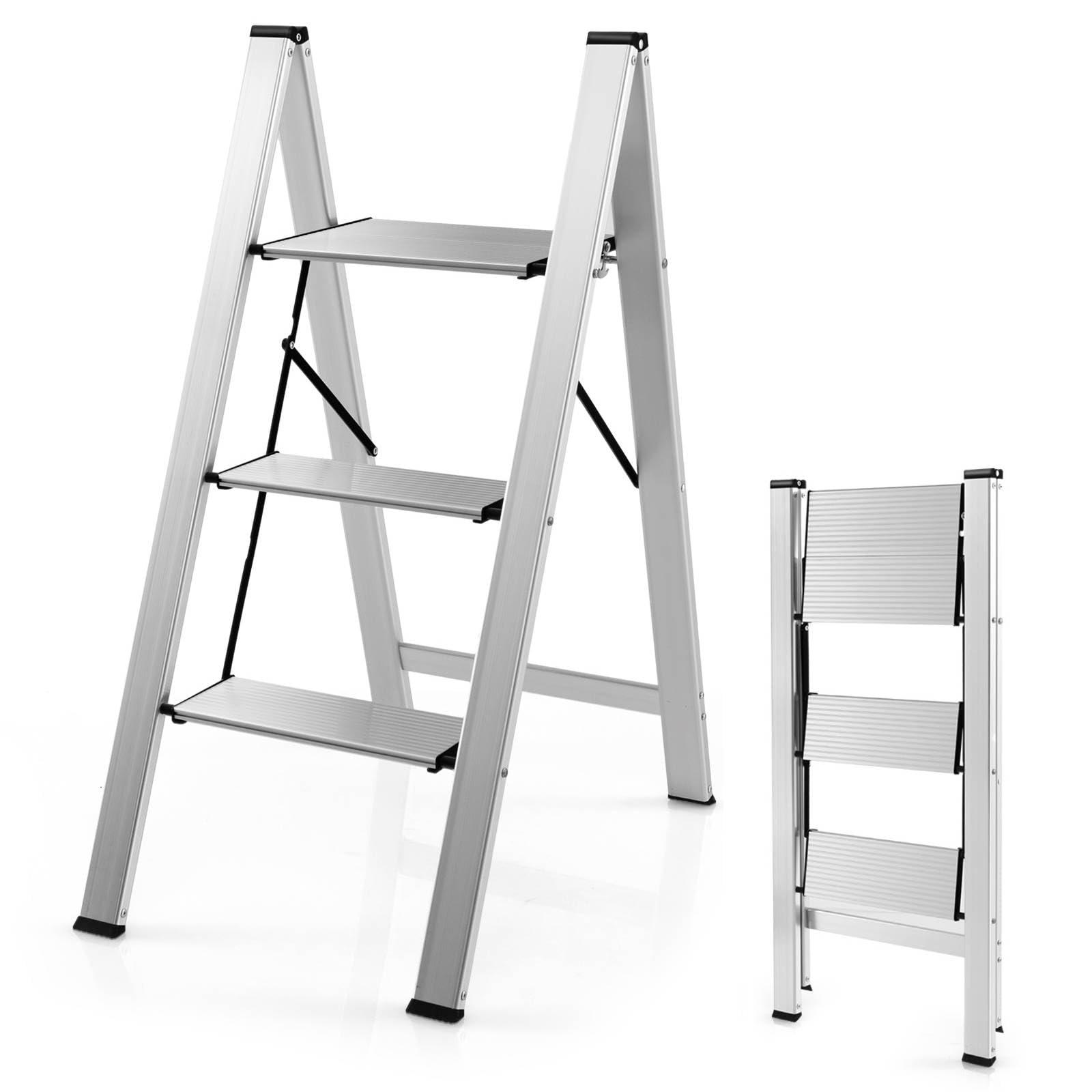 COSTWAY 2/3 Folding Step Ladder, Aluminum Tread Stepladder with Anti Slip Pedal and Footpads, 150kg Capacity Portable Safety Household Ladder Stool (3 Step)
