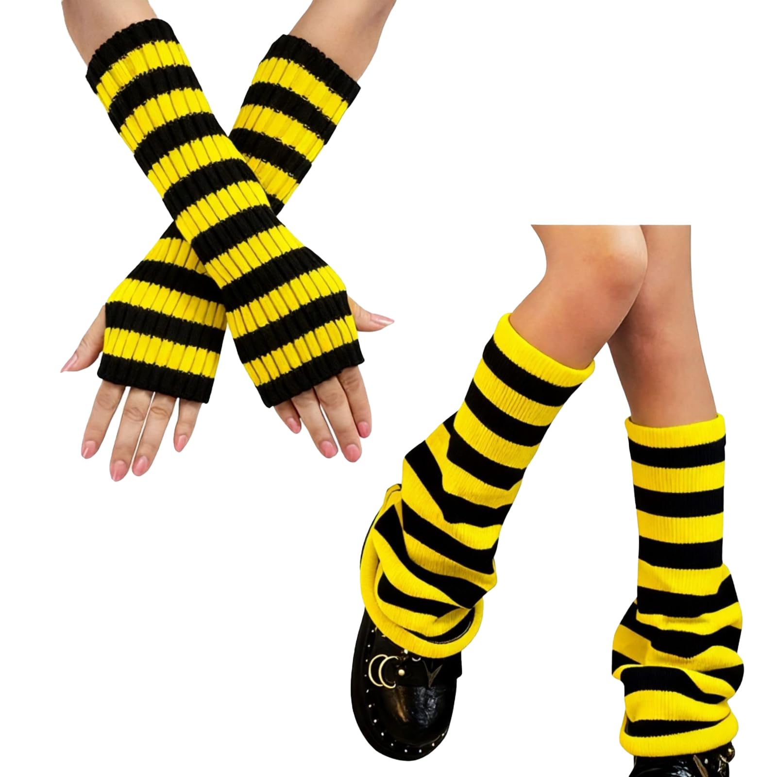 Womens Striped Leg Warmers Arm Warmers Set Knitted Y2K Goth Harajuku Style Accessories for Cosplay