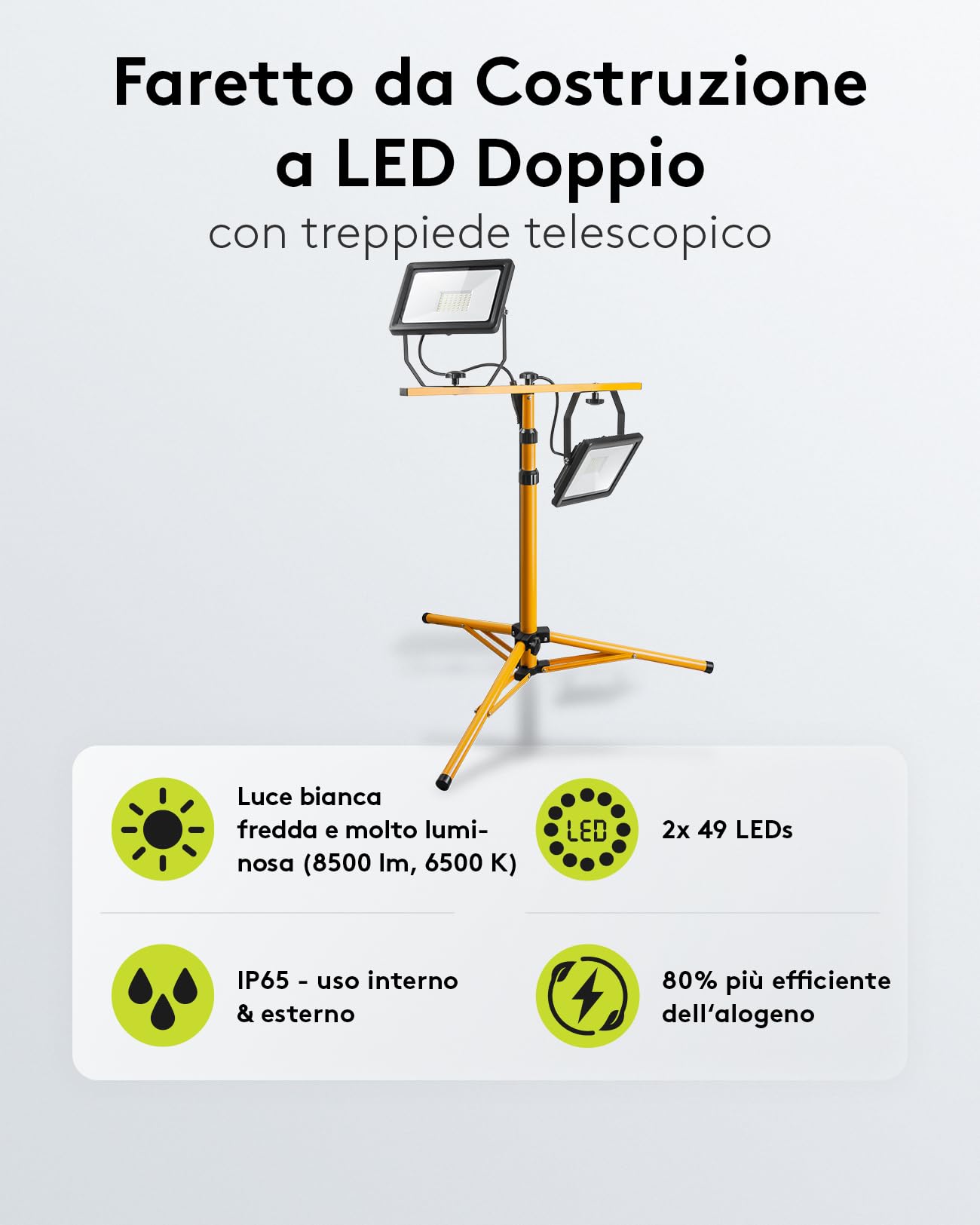 goobay 49984 Faretto LED da Cantiere telescopico, Doppia Testa, per Interni ed Esterni, treppiedi in Metallo, Luce Bianca Fredda, Giallo, 2x 50W